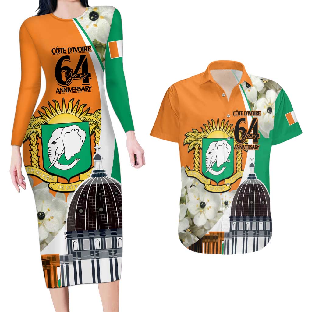 Personalized Ivory Coast Independence Day Couples Matching Long Sleeve Bodycon Dress and Hawaiian Shirt Ornithogalum Arabicum Happy 64 Years Anniversary - Wonder Print Shop