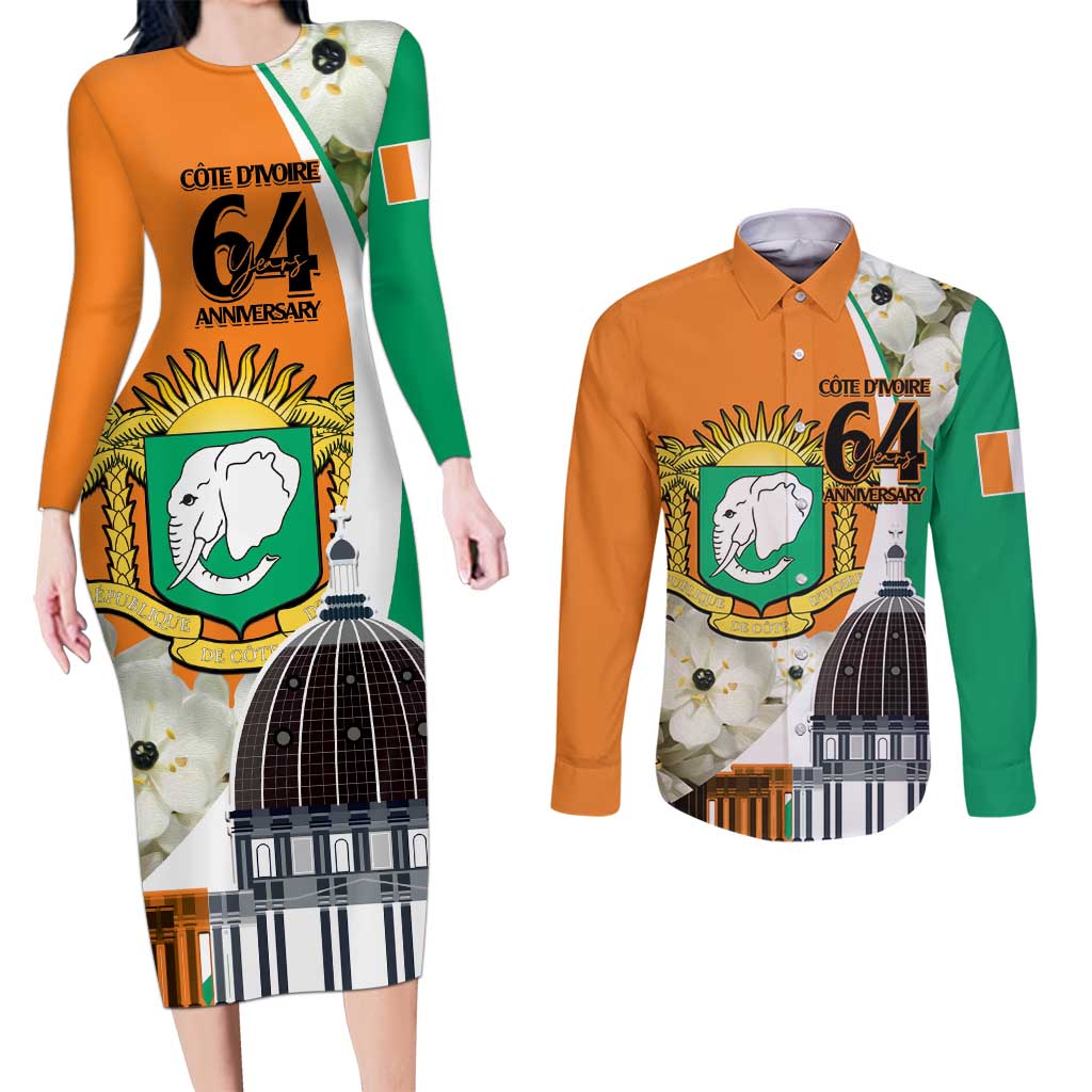 Personalized Ivory Coast Independence Day Couples Matching Long Sleeve Bodycon Dress and Long Sleeve Button Shirt Ornithogalum Arabicum Happy 64 Years Anniversary - Wonder Print Shop