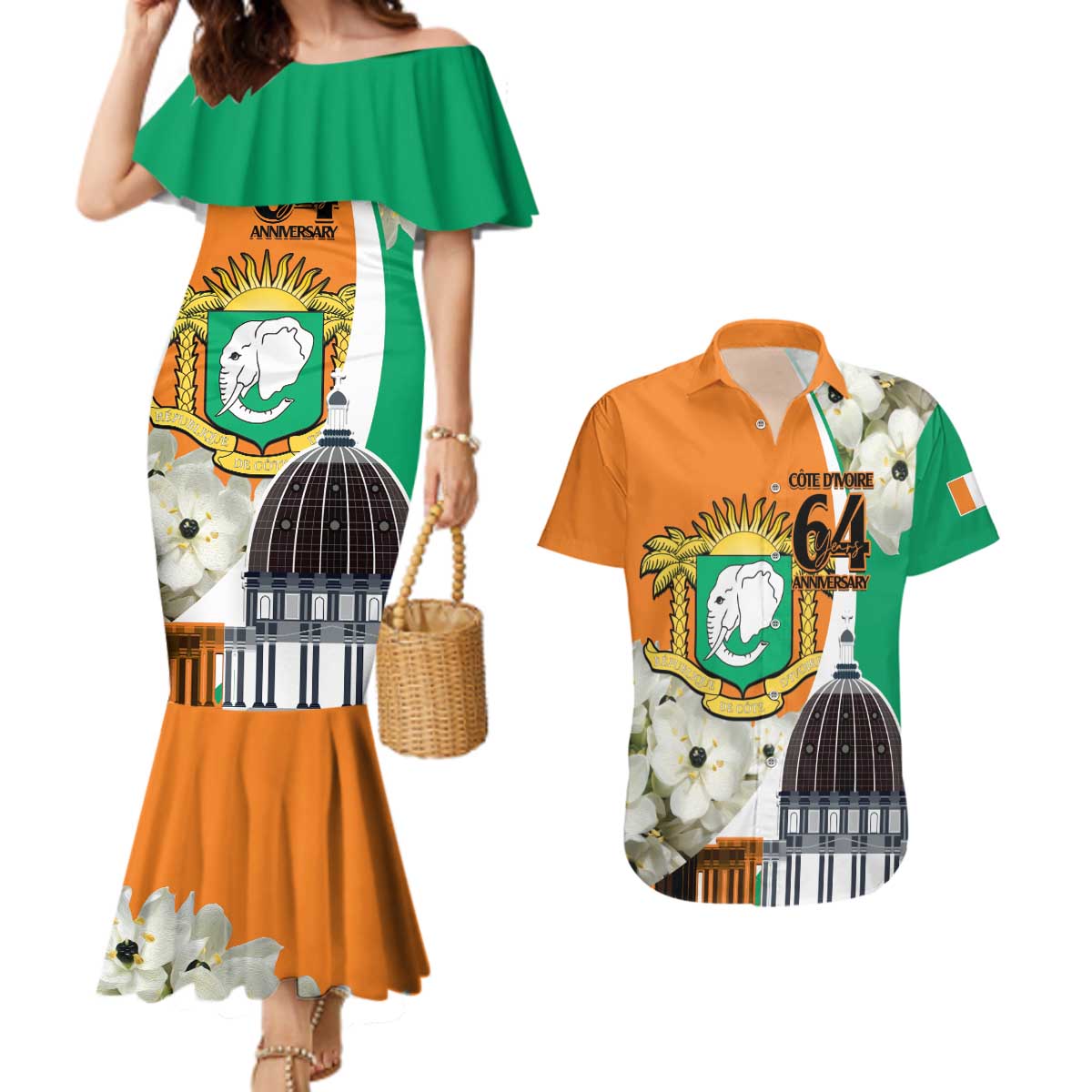 Personalized Ivory Coast Independence Day Couples Matching Mermaid Dress and Hawaiian Shirt Ornithogalum Arabicum Happy 64 Years Anniversary - Wonder Print Shop