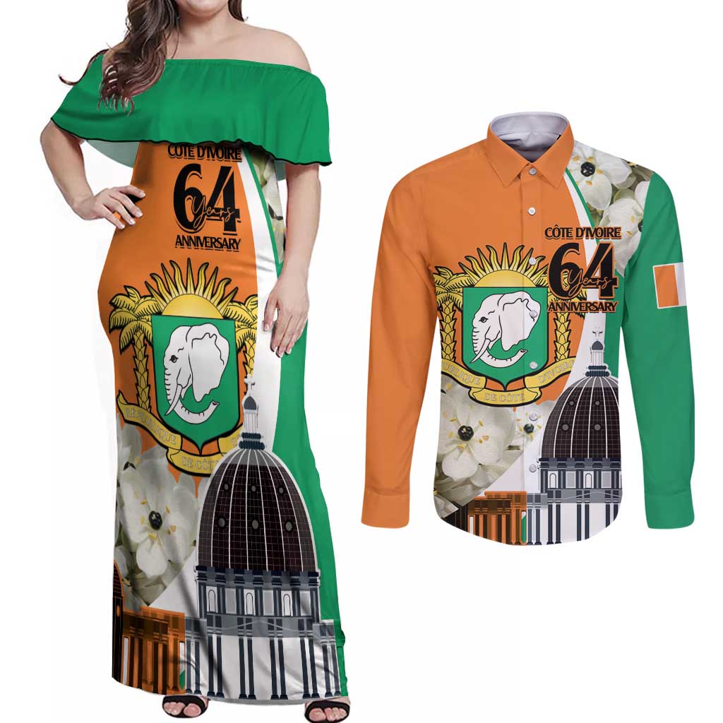 Personalized Ivory Coast Independence Day Couples Matching Off Shoulder Maxi Dress and Long Sleeve Button Shirt Ornithogalum Arabicum Happy 64 Years Anniversary - Wonder Print Shop