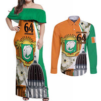 Personalized Ivory Coast Independence Day Couples Matching Off Shoulder Maxi Dress and Long Sleeve Button Shirt Ornithogalum Arabicum Happy 64 Years Anniversary - Wonder Print Shop