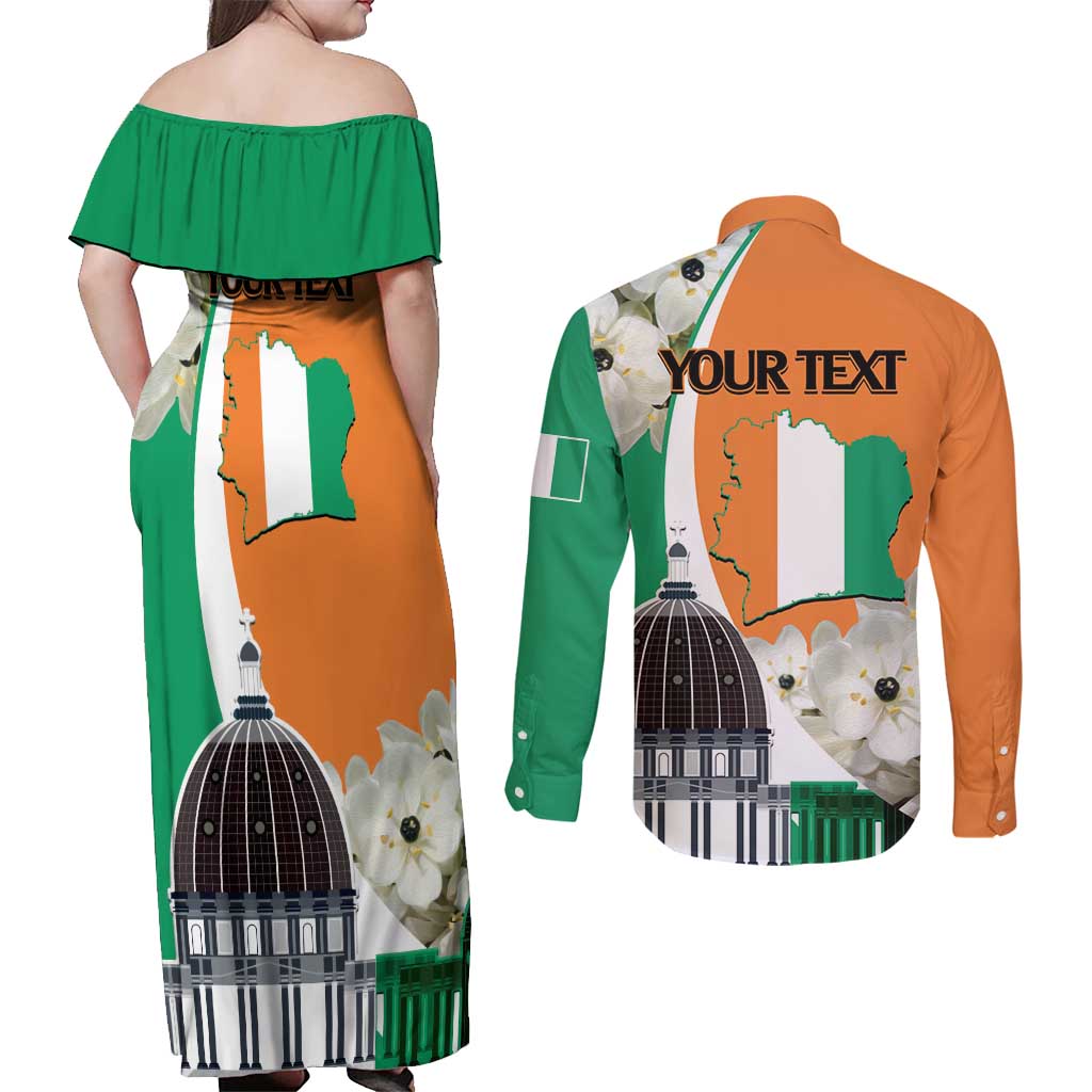 Personalized Ivory Coast Independence Day Couples Matching Off Shoulder Maxi Dress and Long Sleeve Button Shirt Ornithogalum Arabicum Happy 64 Years Anniversary - Wonder Print Shop