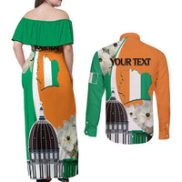 Personalized Ivory Coast Independence Day Couples Matching Off Shoulder Maxi Dress and Long Sleeve Button Shirt Ornithogalum Arabicum Happy 64 Years Anniversary - Wonder Print Shop