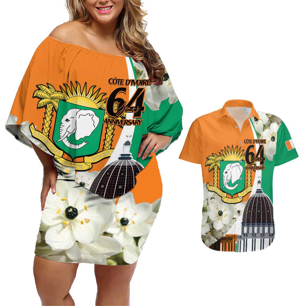 Personalized Ivory Coast Independence Day Couples Matching Off Shoulder Short Dress and Hawaiian Shirt Ornithogalum Arabicum Happy 64 Years Anniversary - Wonder Print Shop