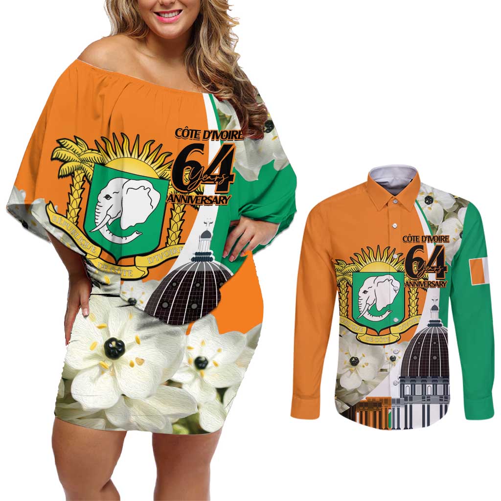 Personalized Ivory Coast Independence Day Couples Matching Off Shoulder Short Dress and Long Sleeve Button Shirt Ornithogalum Arabicum Happy 64 Years Anniversary - Wonder Print Shop