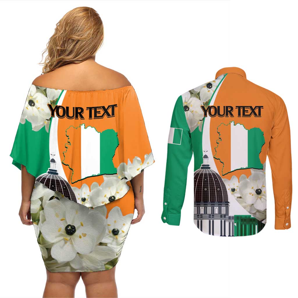 Personalized Ivory Coast Independence Day Couples Matching Off Shoulder Short Dress and Long Sleeve Button Shirt Ornithogalum Arabicum Happy 64 Years Anniversary - Wonder Print Shop