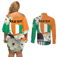 Personalized Ivory Coast Independence Day Couples Matching Off Shoulder Short Dress and Long Sleeve Button Shirt Ornithogalum Arabicum Happy 64 Years Anniversary - Wonder Print Shop