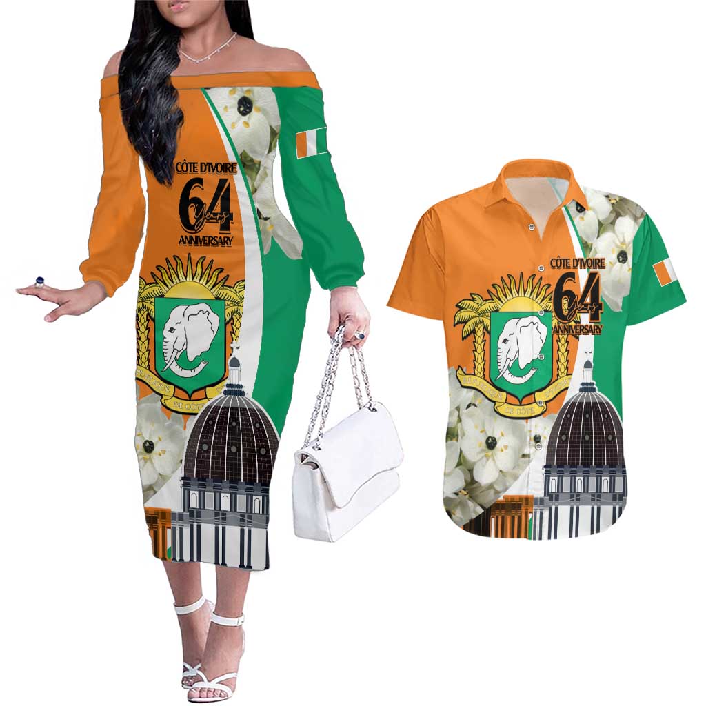 Personalized Ivory Coast Independence Day Couples Matching Off The Shoulder Long Sleeve Dress and Hawaiian Shirt Ornithogalum Arabicum Happy 64 Years Anniversary - Wonder Print Shop