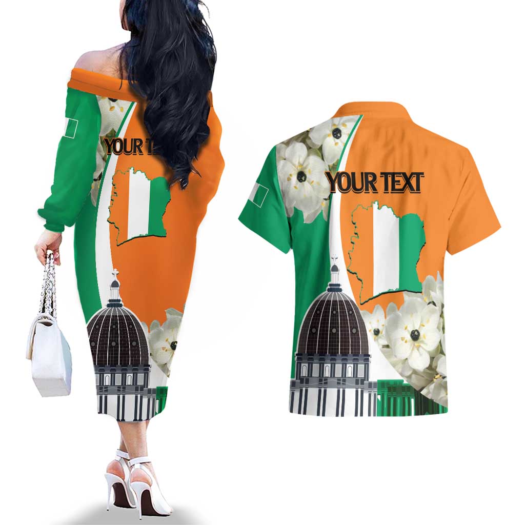Personalized Ivory Coast Independence Day Couples Matching Off The Shoulder Long Sleeve Dress and Hawaiian Shirt Ornithogalum Arabicum Happy 64 Years Anniversary - Wonder Print Shop
