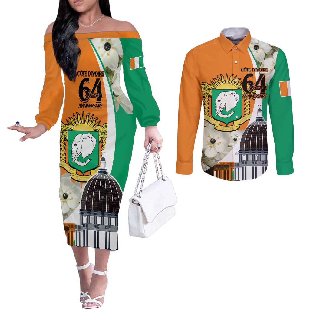 Personalized Ivory Coast Independence Day Couples Matching Off The Shoulder Long Sleeve Dress and Long Sleeve Button Shirt Ornithogalum Arabicum Happy 64 Years Anniversary