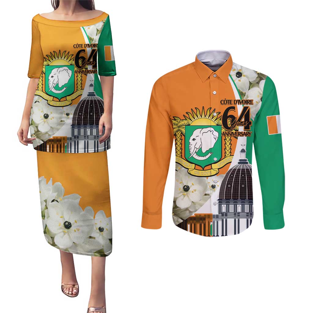 Personalized Ivory Coast Independence Day Couples Matching Puletasi and Long Sleeve Button Shirt Ornithogalum Arabicum Happy 64 Years Anniversary - Wonder Print Shop