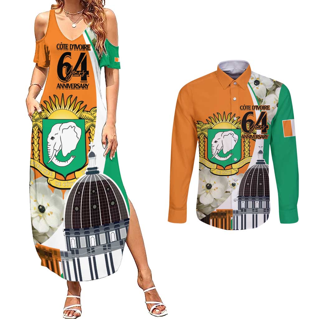 Personalized Ivory Coast Independence Day Couples Matching Summer Maxi Dress and Long Sleeve Button Shirt Ornithogalum Arabicum Happy 64 Years Anniversary - Wonder Print Shop