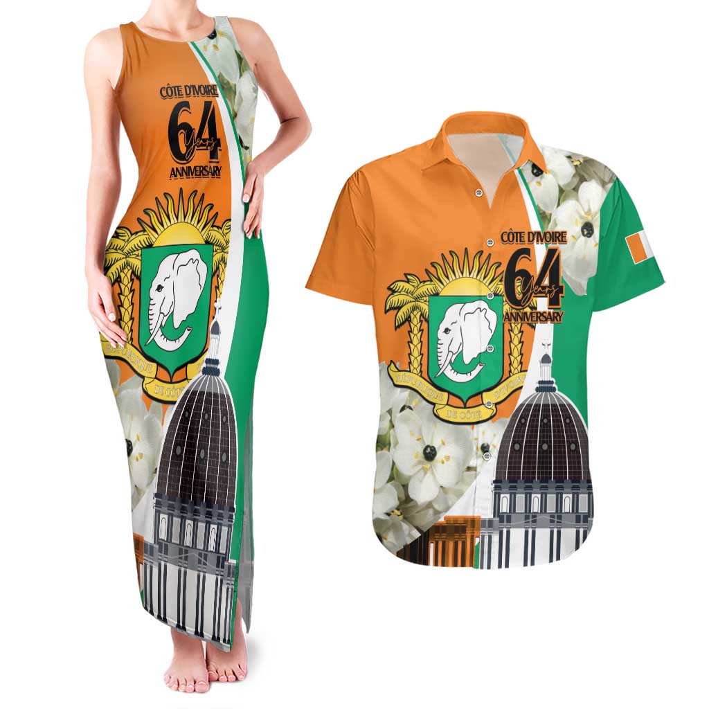 Personalized Ivory Coast Independence Day Couples Matching Tank Maxi Dress and Hawaiian Shirt Ornithogalum Arabicum Happy 64 Years Anniversary - Wonder Print Shop