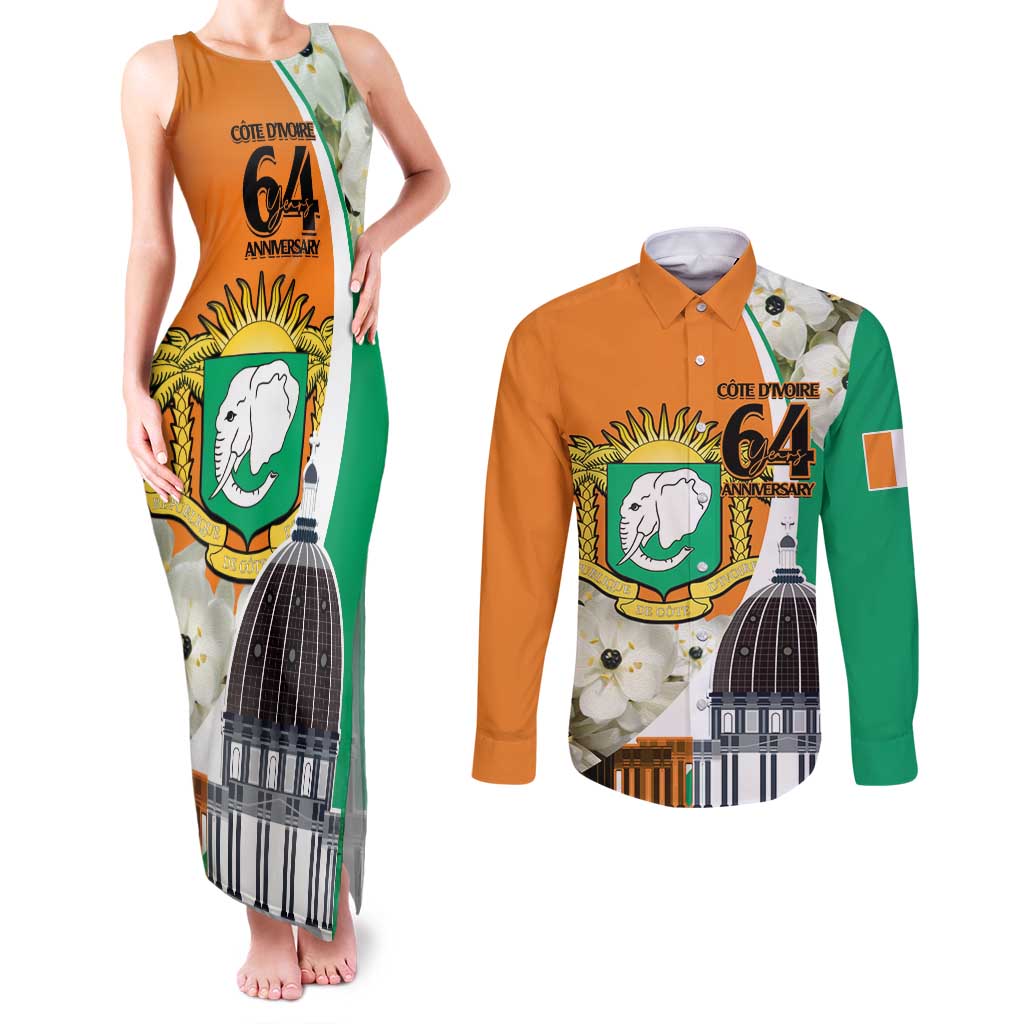 Personalized Ivory Coast Independence Day Couples Matching Tank Maxi Dress and Long Sleeve Button Shirt Ornithogalum Arabicum Happy 64 Years Anniversary - Wonder Print Shop