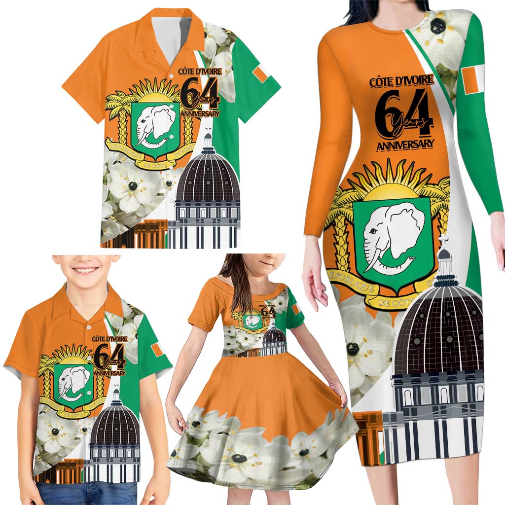 Personalized Ivory Coast Independence Day Family Matching Long Sleeve Bodycon Dress and Hawaiian Shirt Ornithogalum Arabicum Happy 64 Years Anniversary - Wonder Print Shop