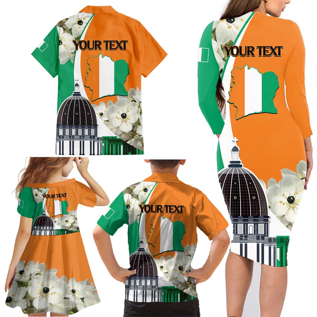 Personalized Ivory Coast Independence Day Family Matching Long Sleeve Bodycon Dress and Hawaiian Shirt Ornithogalum Arabicum Happy 64 Years Anniversary - Wonder Print Shop