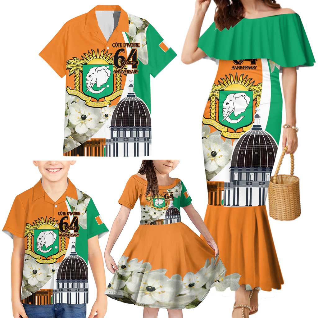 Personalized Ivory Coast Independence Day Family Matching Mermaid Dress and Hawaiian Shirt Ornithogalum Arabicum Happy 64 Years Anniversary - Wonder Print Shop