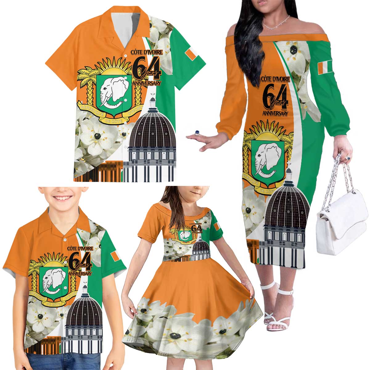 Personalized Ivory Coast Independence Day Family Matching Off The Shoulder Long Sleeve Dress and Hawaiian Shirt Ornithogalum Arabicum Happy 64 Years Anniversary - Wonder Print Shop