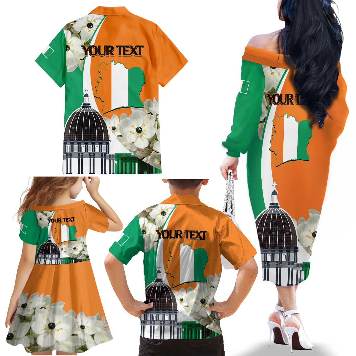 Personalized Ivory Coast Independence Day Family Matching Off The Shoulder Long Sleeve Dress and Hawaiian Shirt Ornithogalum Arabicum Happy 64 Years Anniversary - Wonder Print Shop