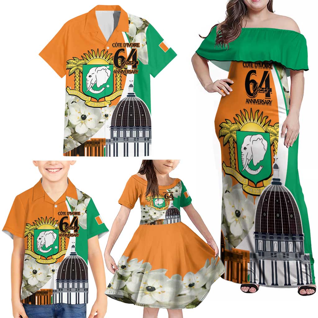 Personalized Ivory Coast Independence Day Family Matching Off Shoulder Maxi Dress and Hawaiian Shirt Ornithogalum Arabicum Happy 64 Years Anniversary - Wonder Print Shop