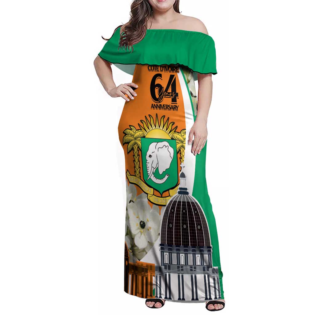 Personalized Ivory Coast Independence Day Family Matching Off Shoulder Maxi Dress and Hawaiian Shirt Ornithogalum Arabicum Happy 64 Years Anniversary - Wonder Print Shop