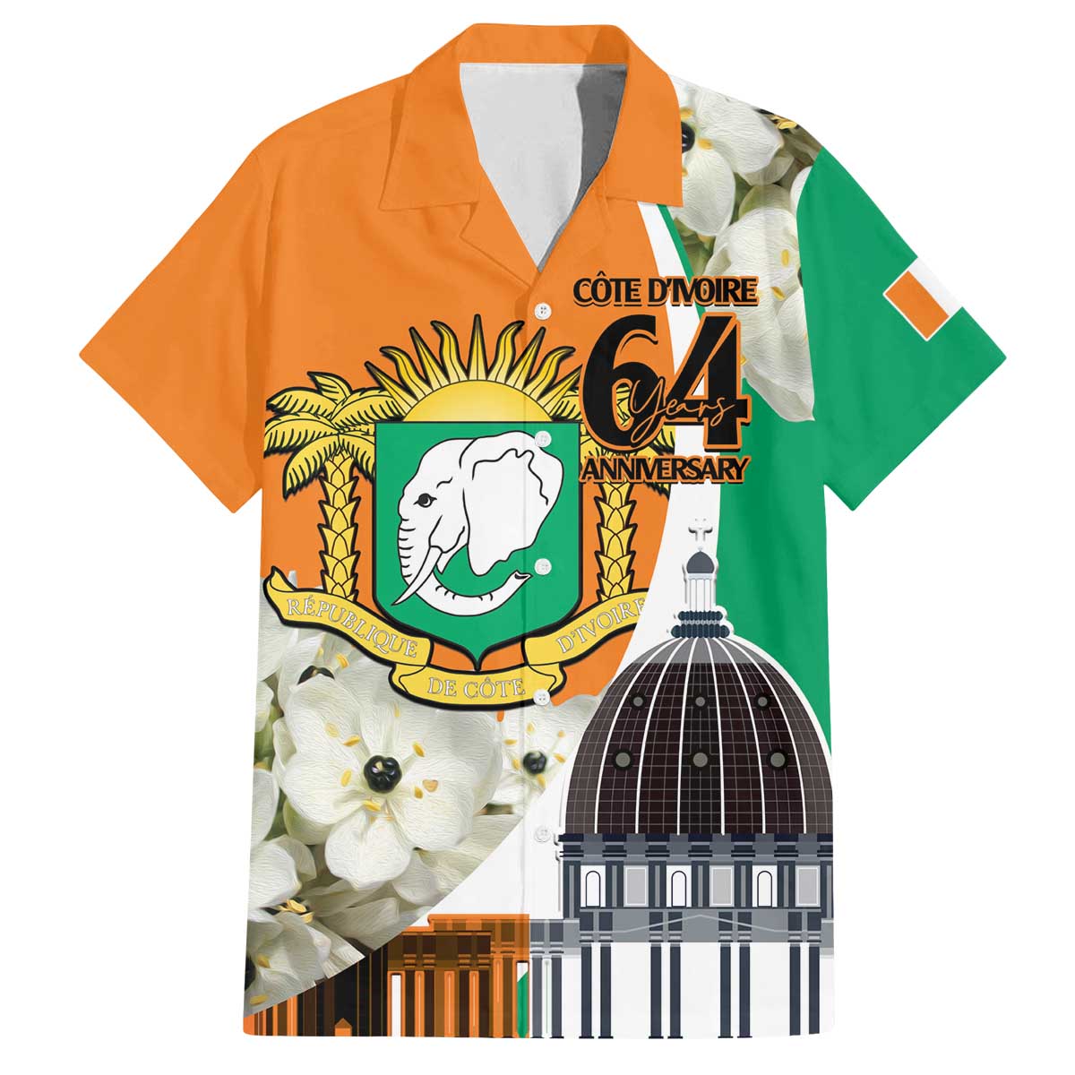 Personalized Ivory Coast Independence Day Family Matching Puletasi and Hawaiian Shirt Ornithogalum Arabicum Happy 64 Years Anniversary - Wonder Print Shop