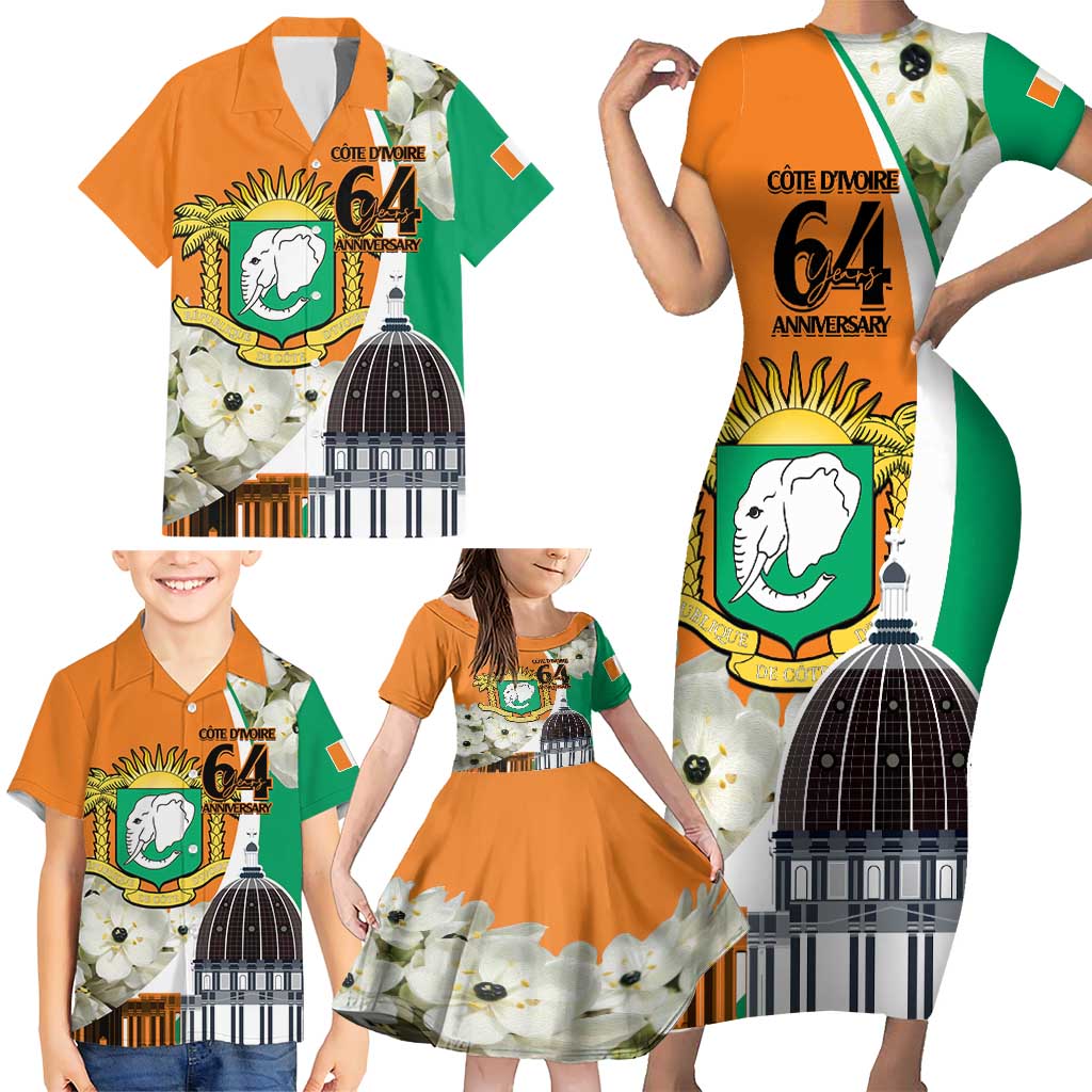 Personalized Ivory Coast Independence Day Family Matching Short Sleeve Bodycon Dress and Hawaiian Shirt Ornithogalum Arabicum Happy 64 Years Anniversary - Wonder Print Shop
