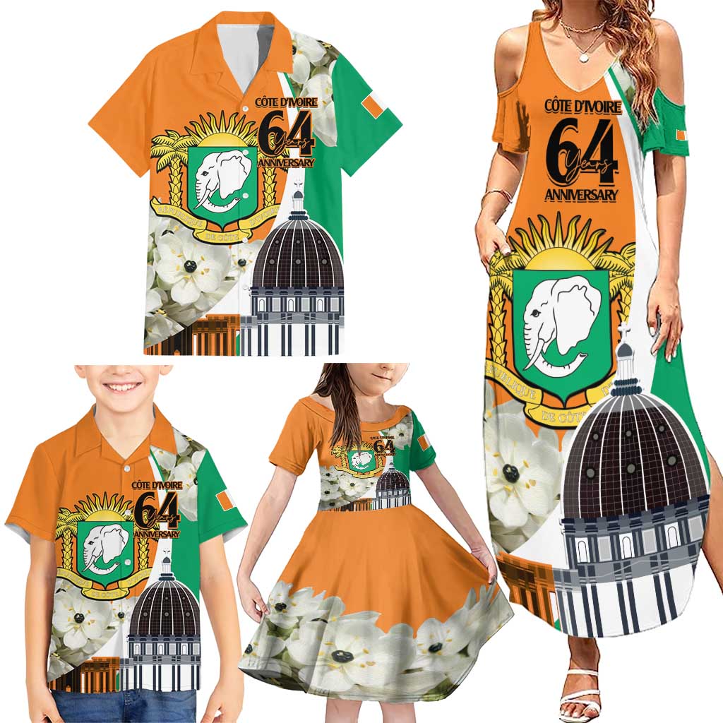 Personalized Ivory Coast Independence Day Family Matching Summer Maxi Dress and Hawaiian Shirt Ornithogalum Arabicum Happy 64 Years Anniversary - Wonder Print Shop
