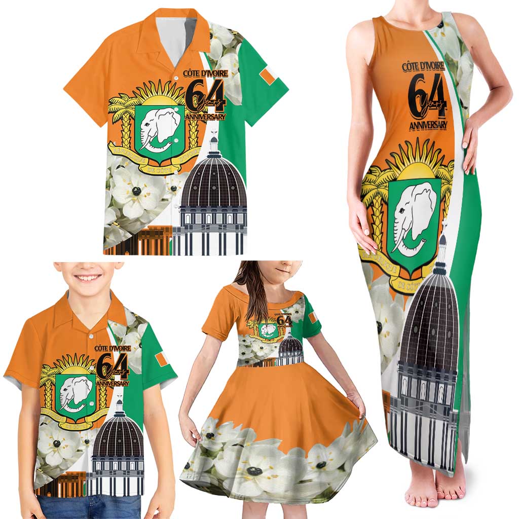 Personalized Ivory Coast Independence Day Family Matching Tank Maxi Dress and Hawaiian Shirt Ornithogalum Arabicum Happy 64 Years Anniversary - Wonder Print Shop