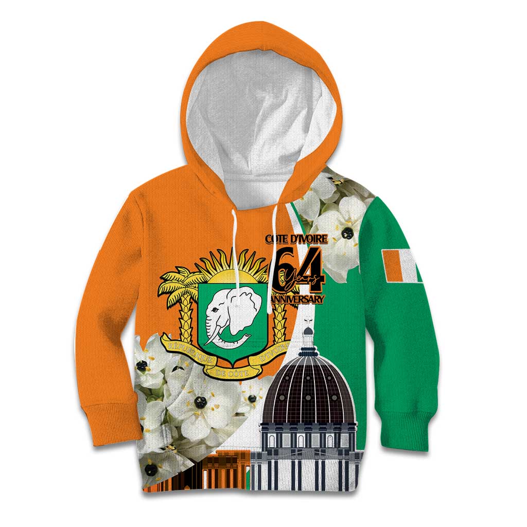 Personalized Ivory Coast Independence Day Kid Hoodie Ornithogalum Arabicum Happy 64 Years Anniversary - Wonder Print Shop
