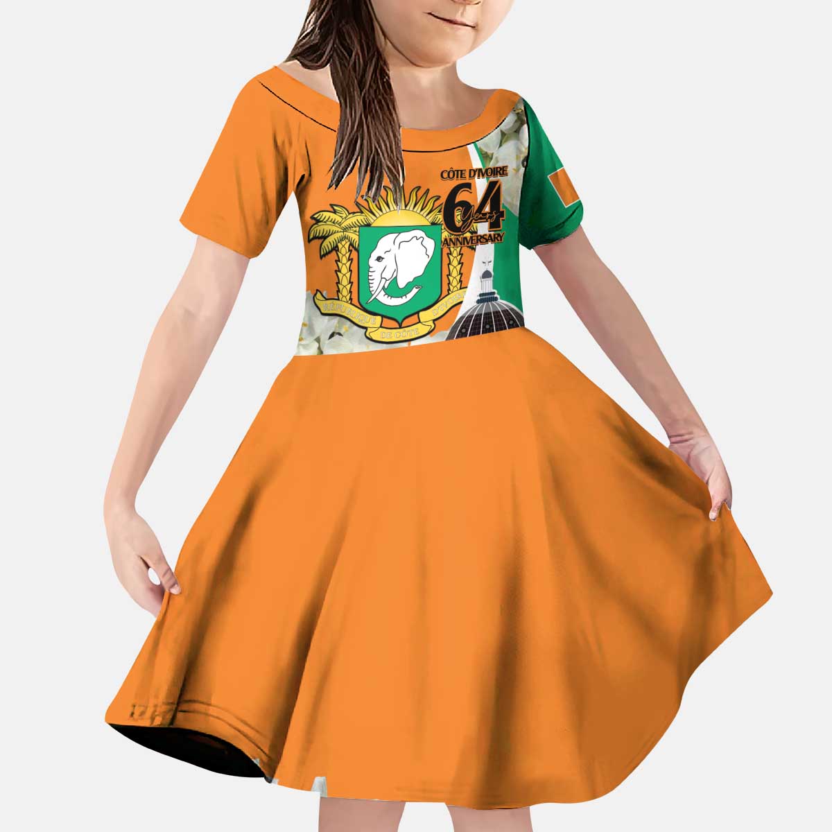 Personalized Ivory Coast Independence Day Kid Short Sleeve Dress Ornithogalum Arabicum Happy 64 Years Anniversary - Wonder Print Shop