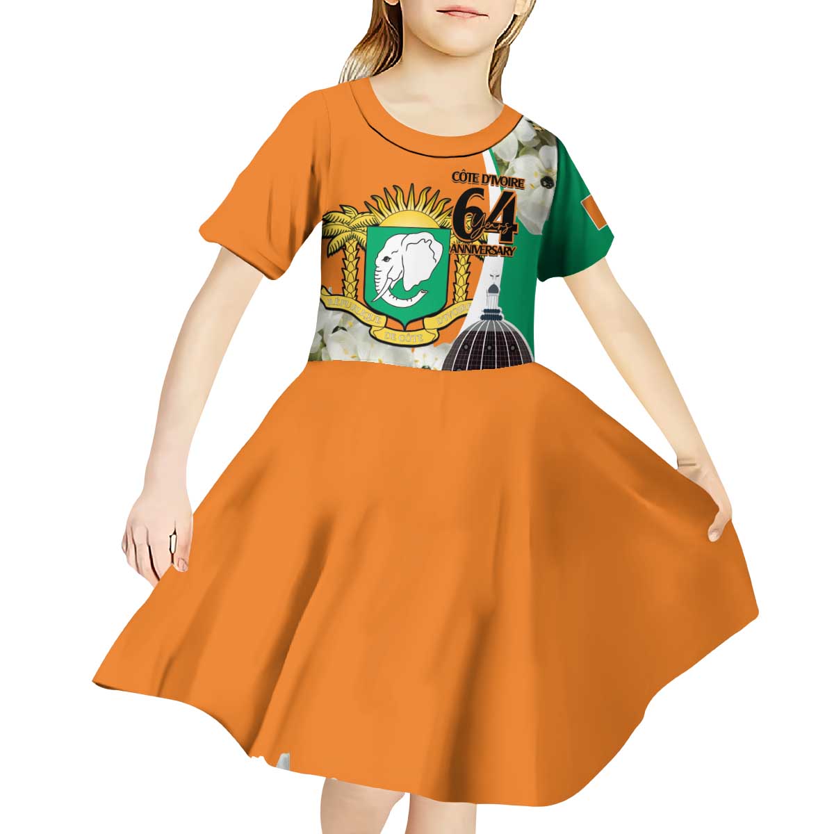 Personalized Ivory Coast Independence Day Kid Short Sleeve Dress Ornithogalum Arabicum Happy 64 Years Anniversary - Wonder Print Shop