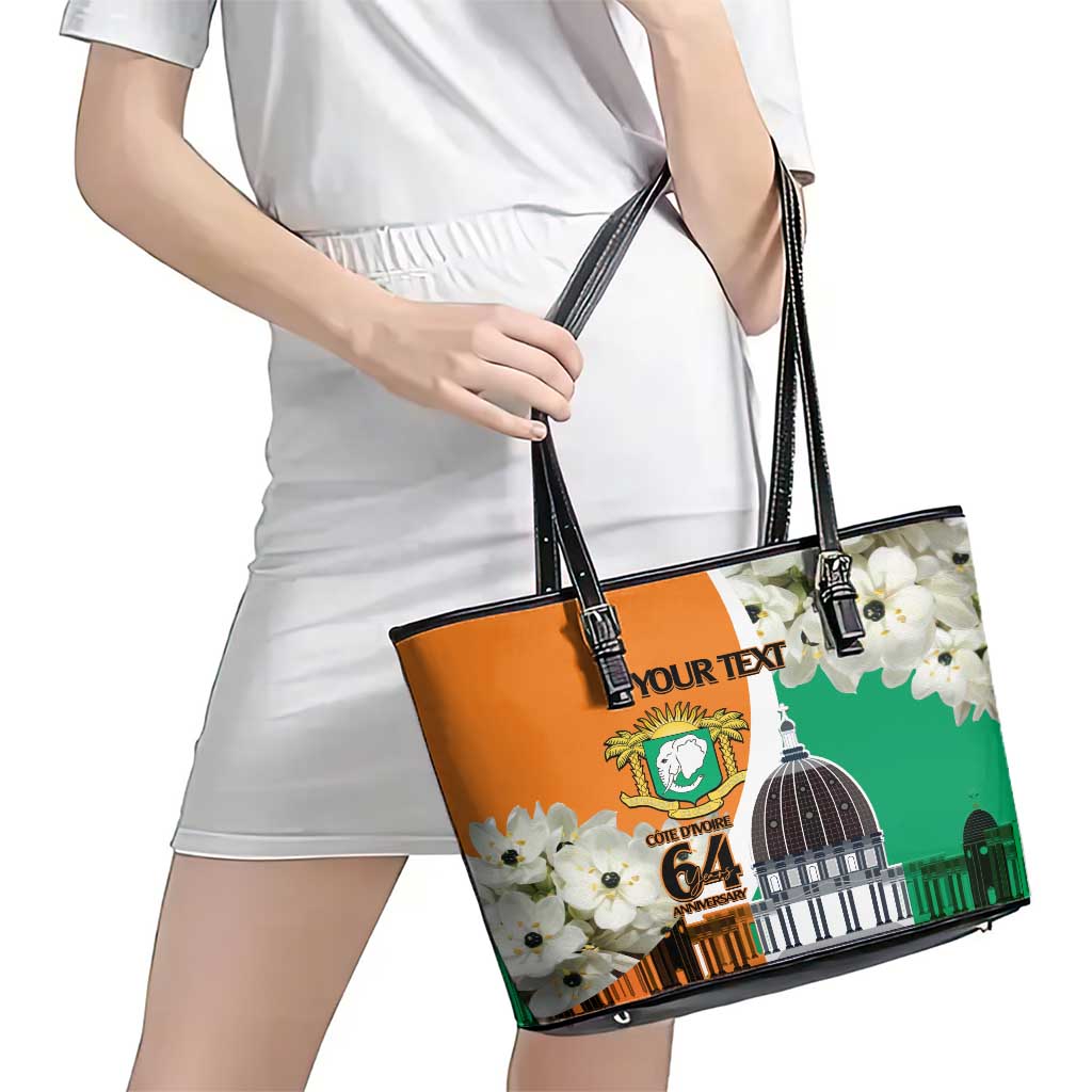 Personalized Ivory Coast Independence Day Leather Tote Bag Ornithogalum Arabicum Happy 64 Years Anniversary - Wonder Print Shop