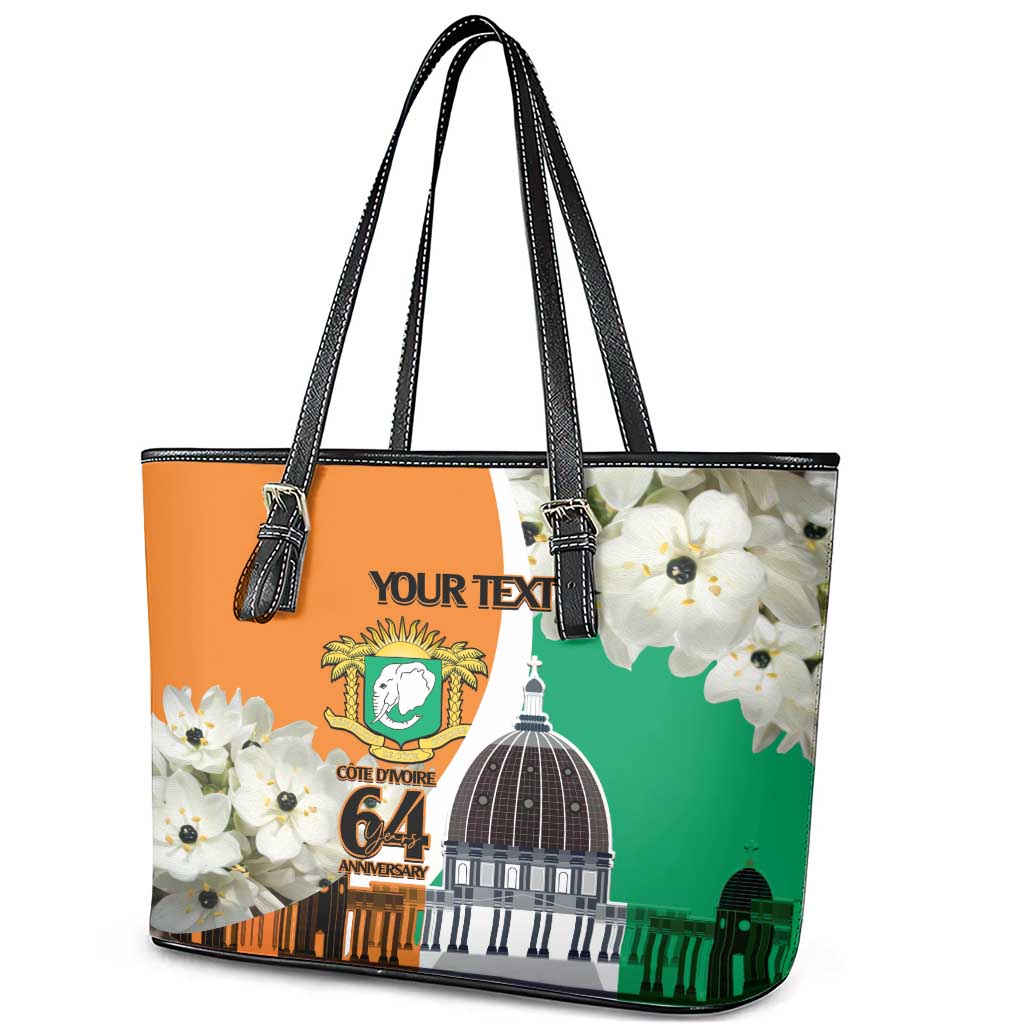 Personalized Ivory Coast Independence Day Leather Tote Bag Ornithogalum Arabicum Happy 64 Years Anniversary - Wonder Print Shop