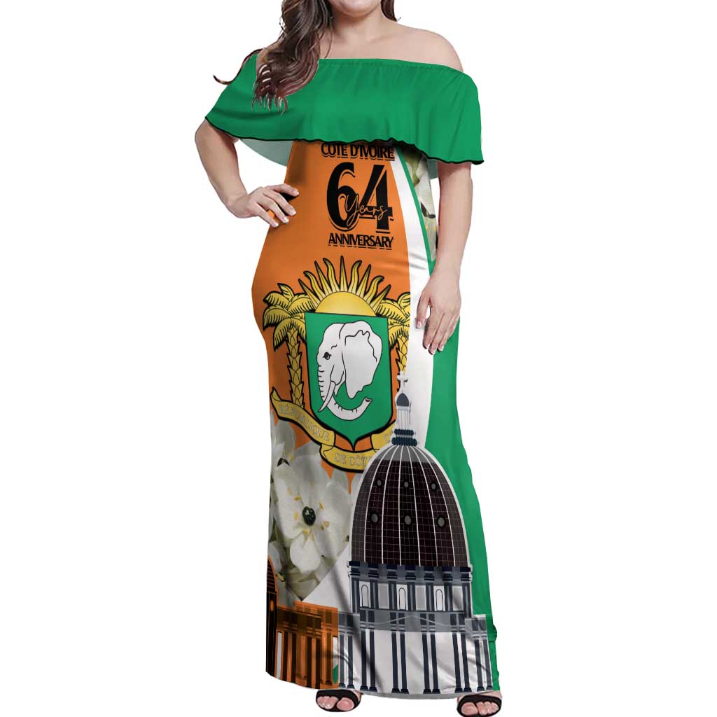 Personalized Ivory Coast Independence Day Off Shoulder Maxi Dress Ornithogalum Arabicum Happy 64 Years Anniversary - Wonder Print Shop