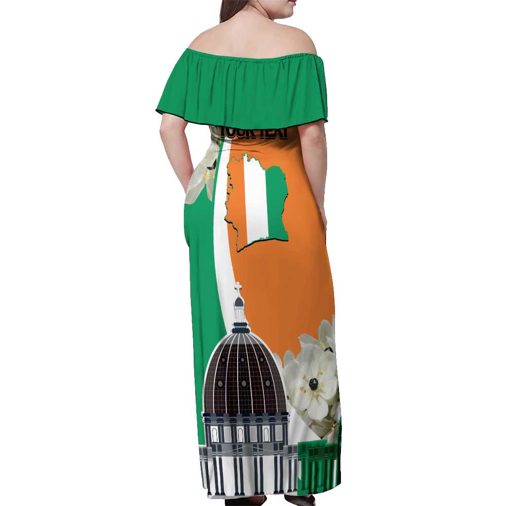 Personalized Ivory Coast Independence Day Off Shoulder Maxi Dress Ornithogalum Arabicum Happy 64 Years Anniversary - Wonder Print Shop