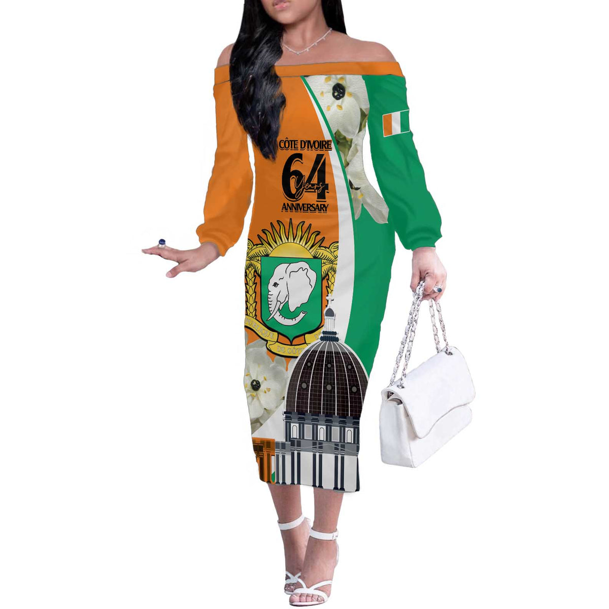 Personalized Ivory Coast Independence Day Off The Shoulder Long Sleeve Dress Ornithogalum Arabicum Happy 64 Years Anniversary - Wonder Print Shop