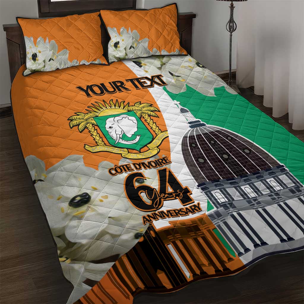 Personalized Ivory Coast Independence Day Quilt Bed Set Ornithogalum Arabicum Happy 64 Years Anniversary - Wonder Print Shop