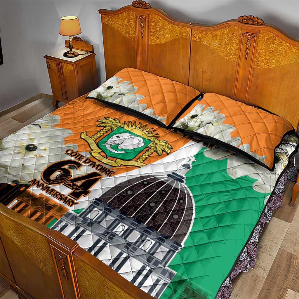 Personalized Ivory Coast Independence Day Quilt Bed Set Ornithogalum Arabicum Happy 64 Years Anniversary - Wonder Print Shop