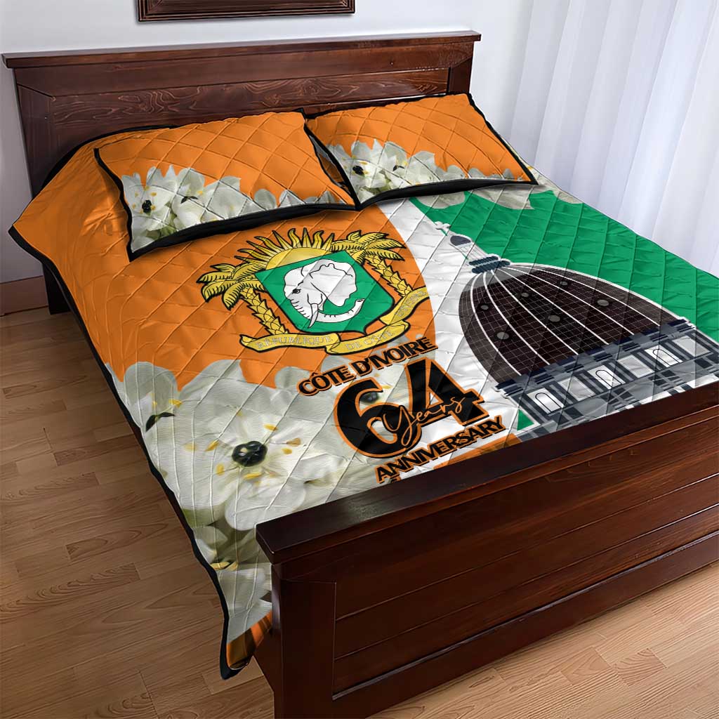 Personalized Ivory Coast Independence Day Quilt Bed Set Ornithogalum Arabicum Happy 64 Years Anniversary - Wonder Print Shop