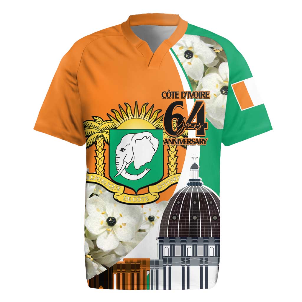 Personalized Ivory Coast Independence Day Rugby Jersey Ornithogalum Arabicum Happy 64 Years Anniversary - Wonder Print Shop