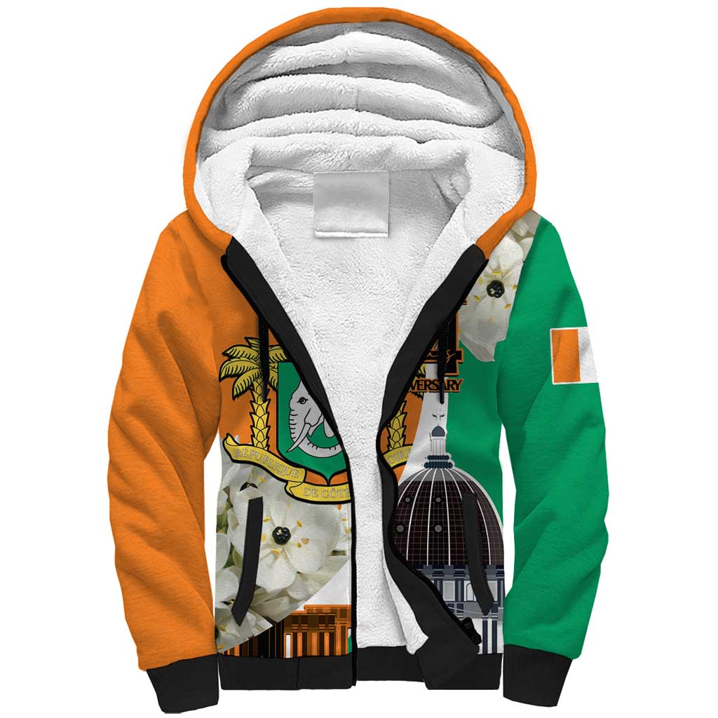 Personalized Ivory Coast Independence Day Sherpa Hoodie Ornithogalum Arabicum Happy 64 Years Anniversary - Wonder Print Shop