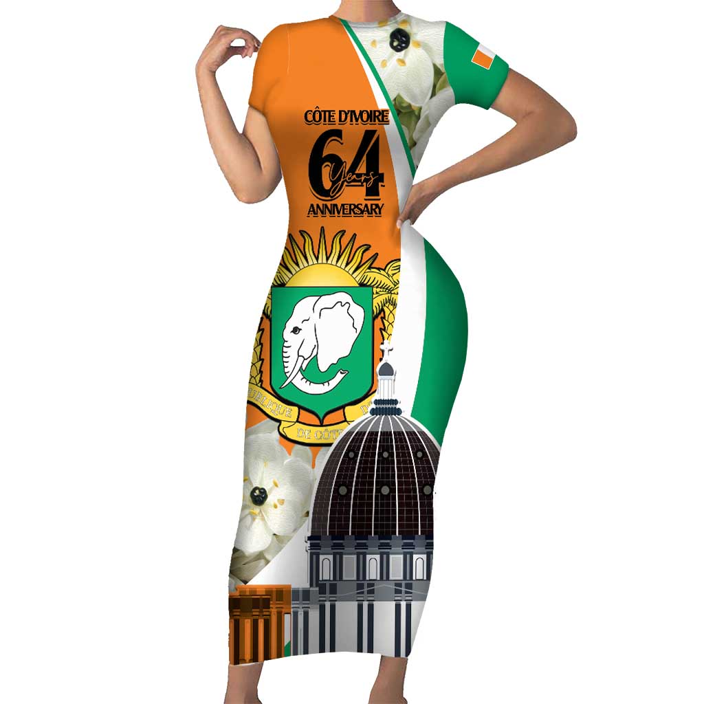 Personalized Ivory Coast Independence Day Short Sleeve Bodycon Dress Ornithogalum Arabicum Happy 64 Years Anniversary - Wonder Print Shop