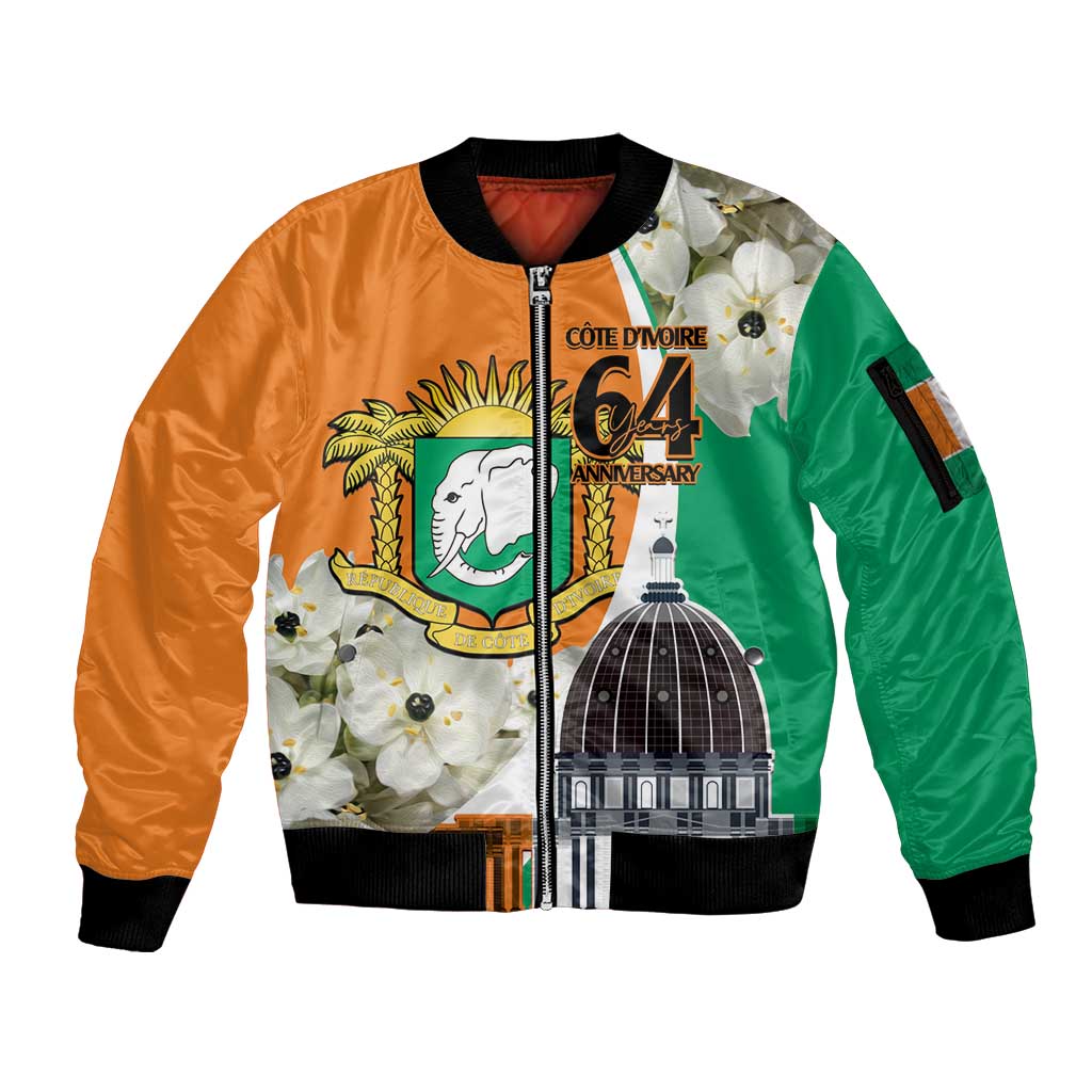 Personalized Ivory Coast Independence Day Sleeve Zip Bomber Jacket Ornithogalum Arabicum Happy 64 Years Anniversary - Wonder Print Shop