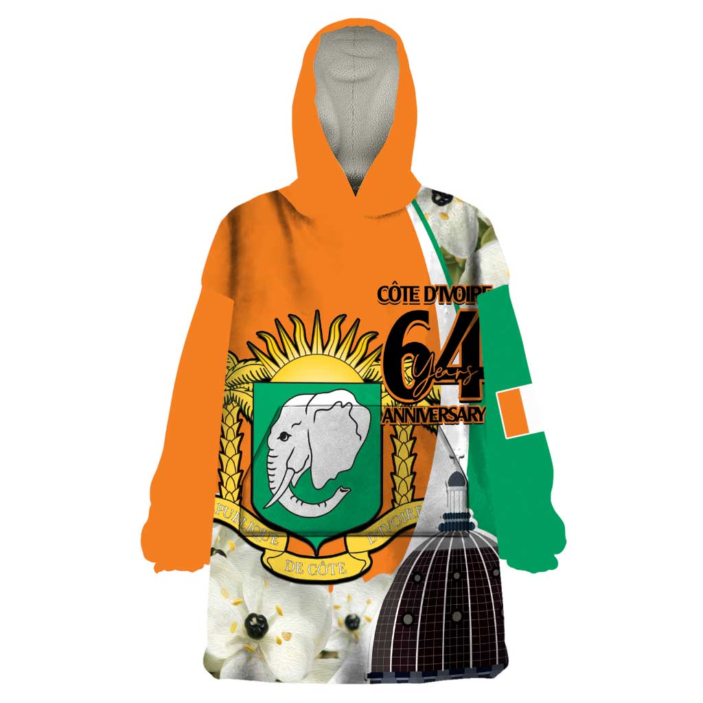 Personalized Ivory Coast Independence Day Wearable Blanket Hoodie Ornithogalum Arabicum Happy 64 Years Anniversary - Wonder Print Shop