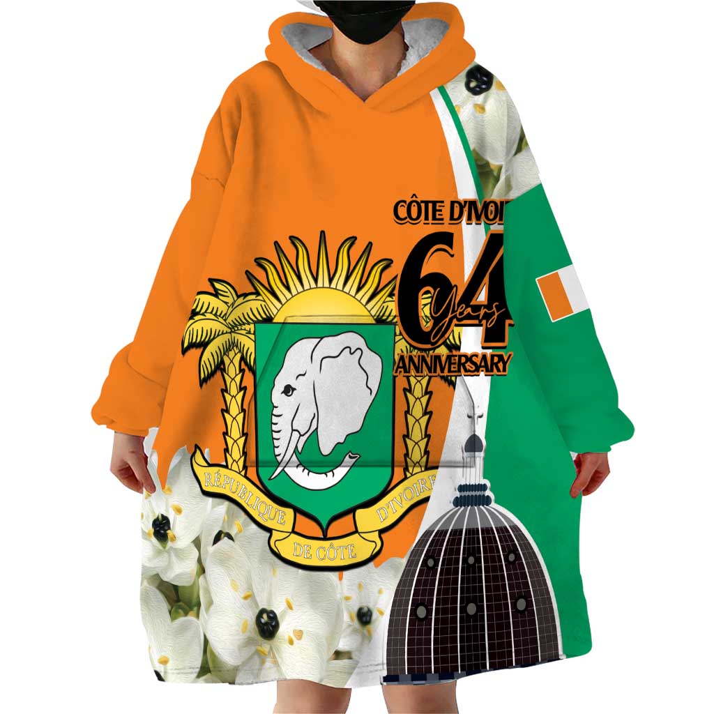 Personalized Ivory Coast Independence Day Wearable Blanket Hoodie Ornithogalum Arabicum Happy 64 Years Anniversary - Wonder Print Shop