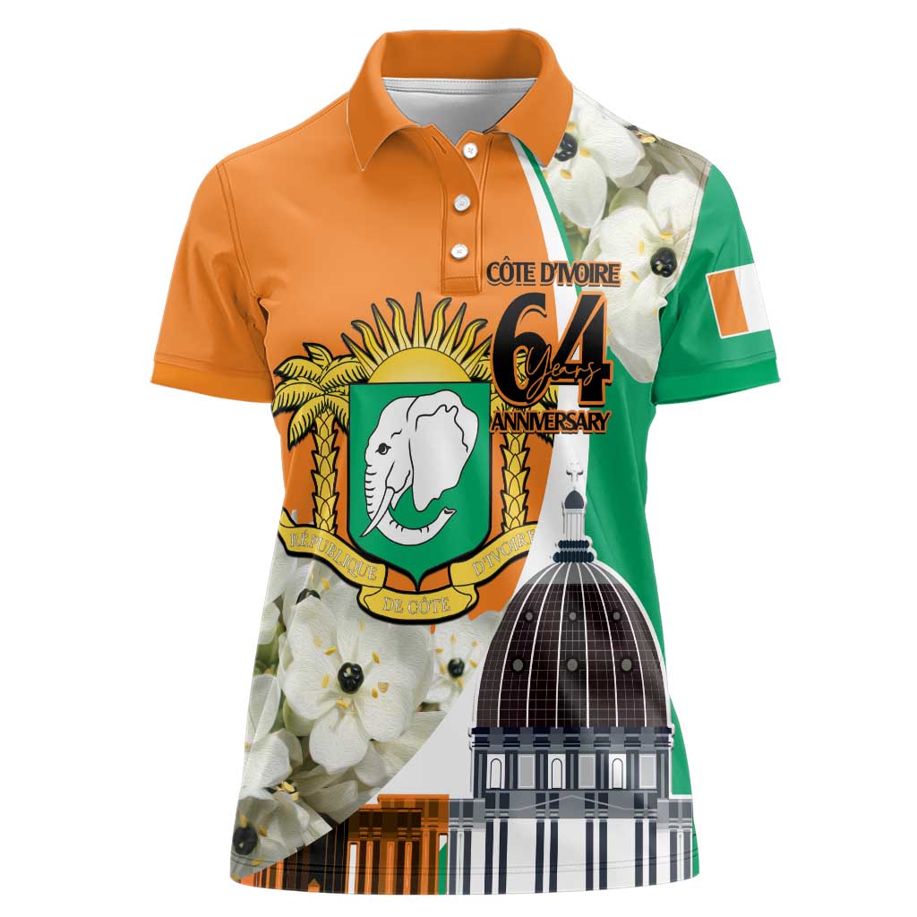 Personalized Ivory Coast Independence Day Women Polo Shirt Ornithogalum Arabicum Happy 64 Years Anniversary - Wonder Print Shop