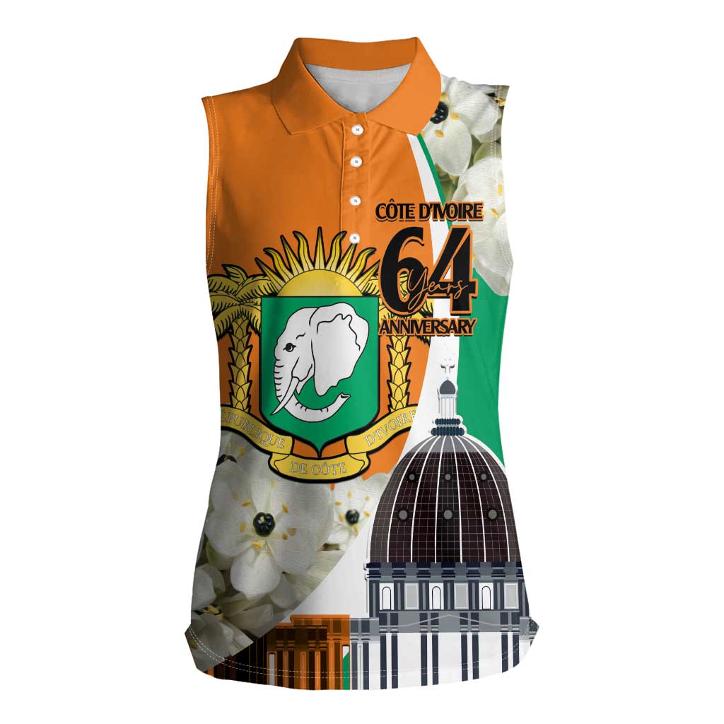 Personalized Ivory Coast Independence Day Women Sleeveless Polo Shirt Ornithogalum Arabicum Happy 64 Years Anniversary - Wonder Print Shop