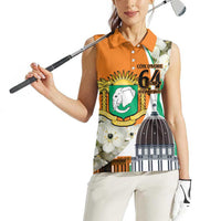 Personalized Ivory Coast Independence Day Women Sleeveless Polo Shirt Ornithogalum Arabicum Happy 64 Years Anniversary - Wonder Print Shop