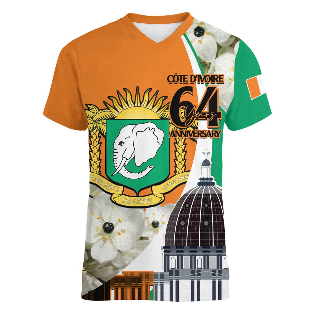 Personalized Ivory Coast Independence Day Women V-Neck T-Shirt Ornithogalum Arabicum Happy 64 Years Anniversary - Wonder Print Shop
